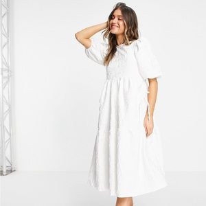 ASOS DESIGN jacquard tiered midi dress with bellow pockets in white